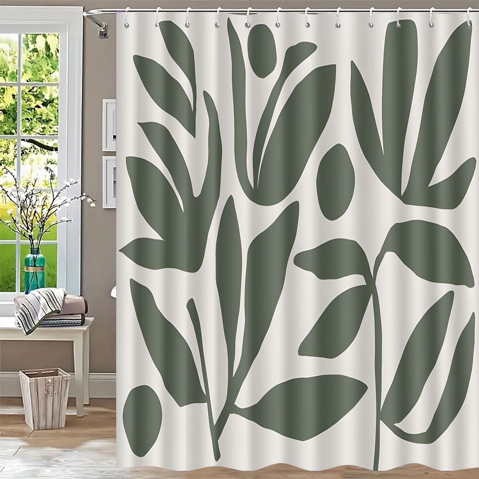 

A Single, Minimalist Shower Curtain with a Green Leaf Pattern- an Elegant Natural Design Suitable for Various Settings, Includes 90x180cm35x71in