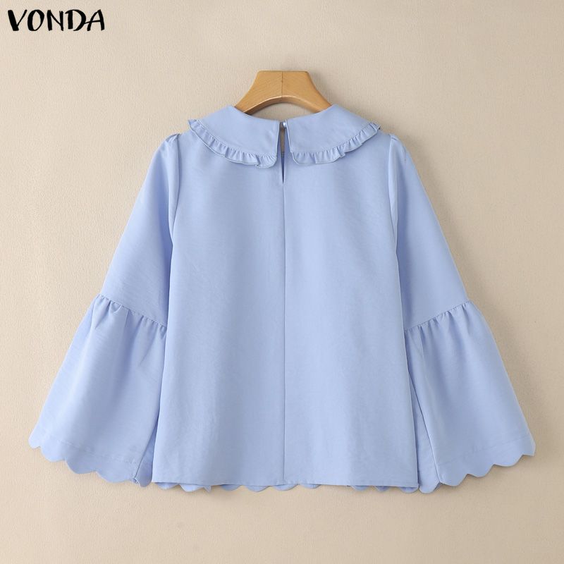 VONDA Women Casual Turn Down Collar Flare Sleeve Casual Loose Blouse