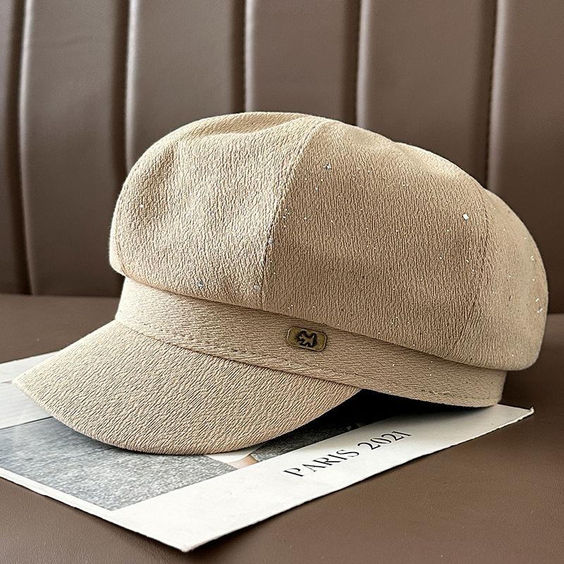 British Style Retro Sequined Octagonal Hat for Women in Autumn and Winter Puppy Label Painter's Hat Travel Fashion Temperament Beret