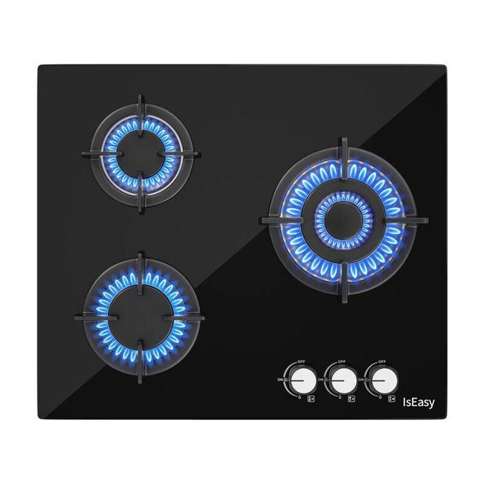 Table de cuisson gaz - ISEASY - MGBG-603 - 3 zones - Verre trempé - Noir