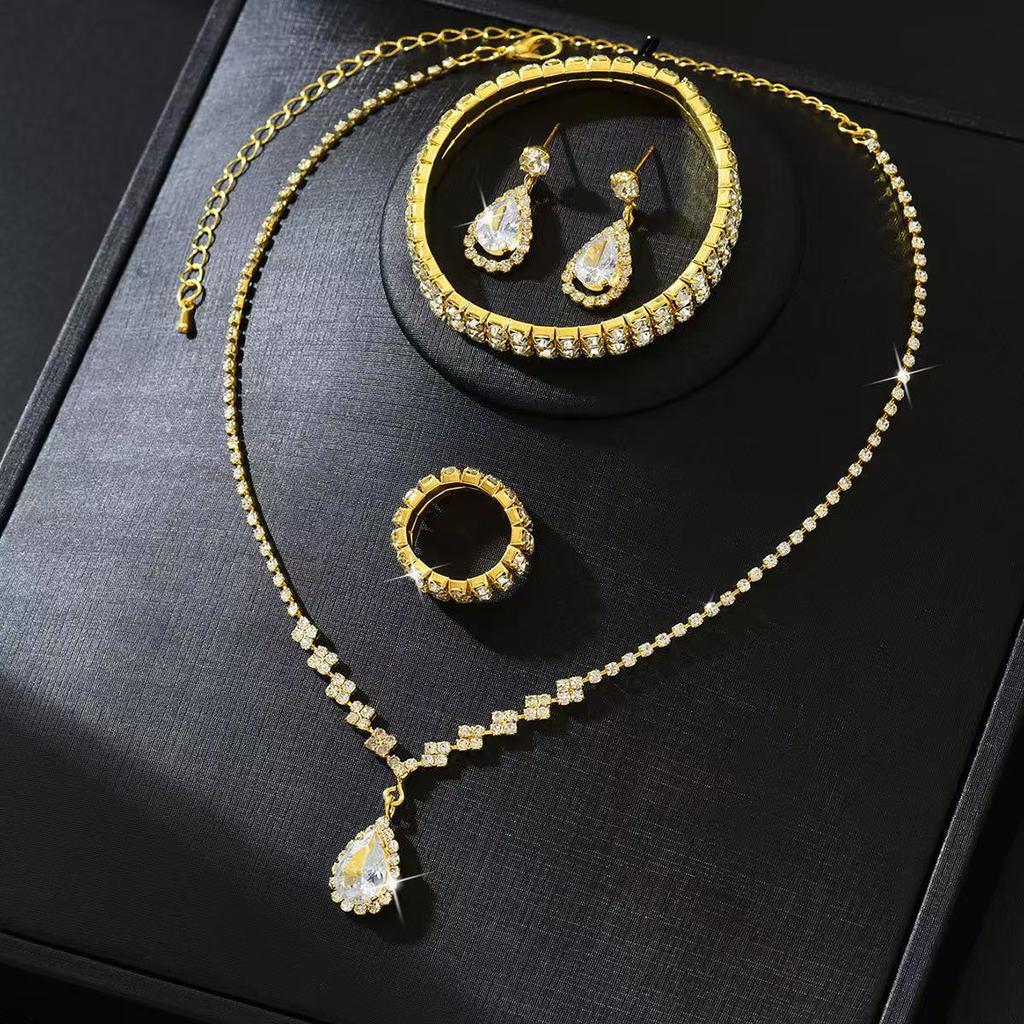 Full Rhinestone Drop Pendant Necklace and Earrings Set 4 - Piece Lightweight Alloy Jewelry for Daily Wear Party Gift