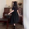 Plus Size Women's Summer Black Doll Collar Dress - French Academy Style with Lace-up Waist