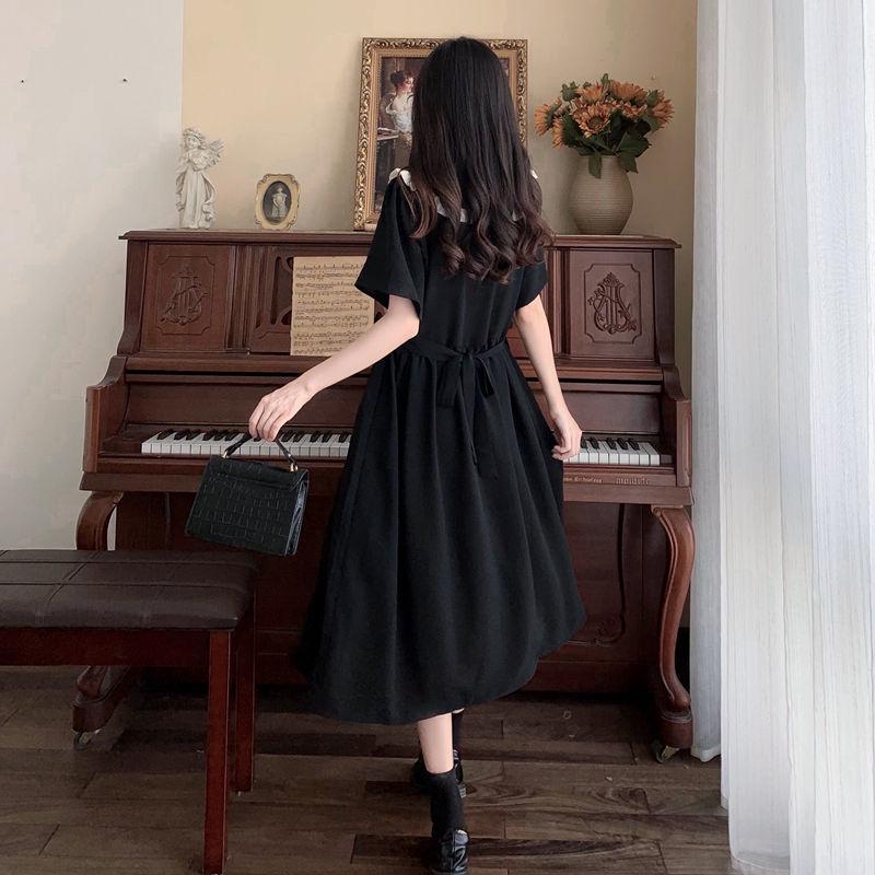 Plus Size Women's Summer Black Doll Collar Dress - French Academy Style with Lace-up Waist