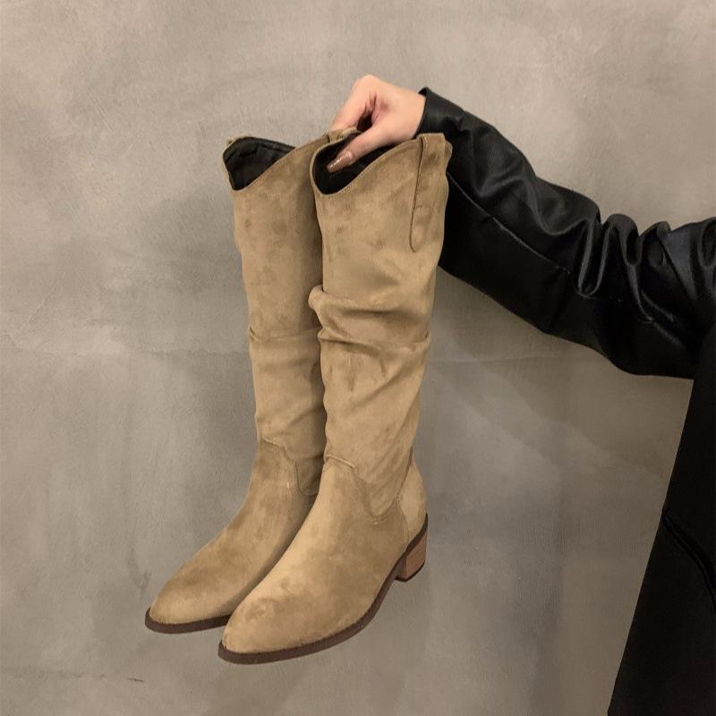 Vintage Brown V-mouth Stack Medium Tube Boots Women's Shoes 2025 Spring and Autumn Winter Pointed Western Cowboy Boots