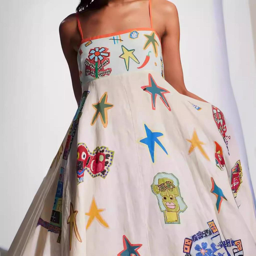 2026 neue europäische und amerikanische Express-Eigenstation Amazon sexy Träger Leinen Graffiti Pendel Kleid