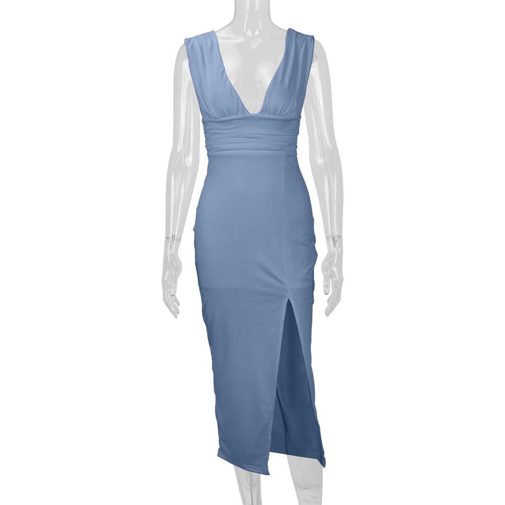 2025 European & American Women's Summer Deep V-neck Slimming Backless Slit Sexy Dress