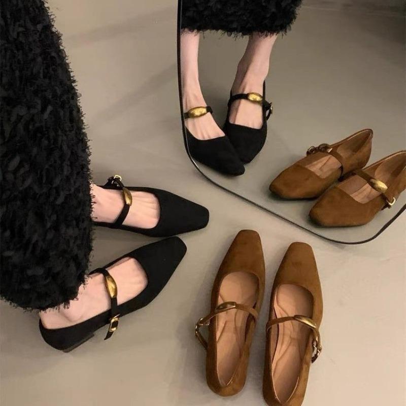 Shoes Woman Flats Square Toe Shallow Mouth Low Heels Dress Summer New Comfortable Retro Mary Janes Retro Woman Shoes Shallow