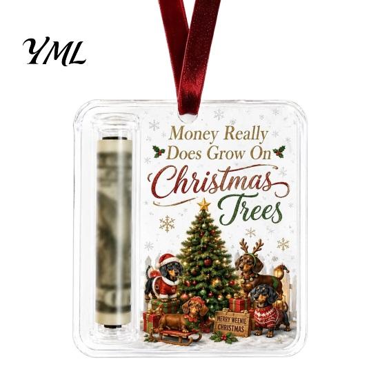 Acrylic Money Holder Christmas Cash Gift Ornament, Angel Santa Cat Ornament for Xmas Tree, Holiday Party Hanging Decoration with Lanyard Tree