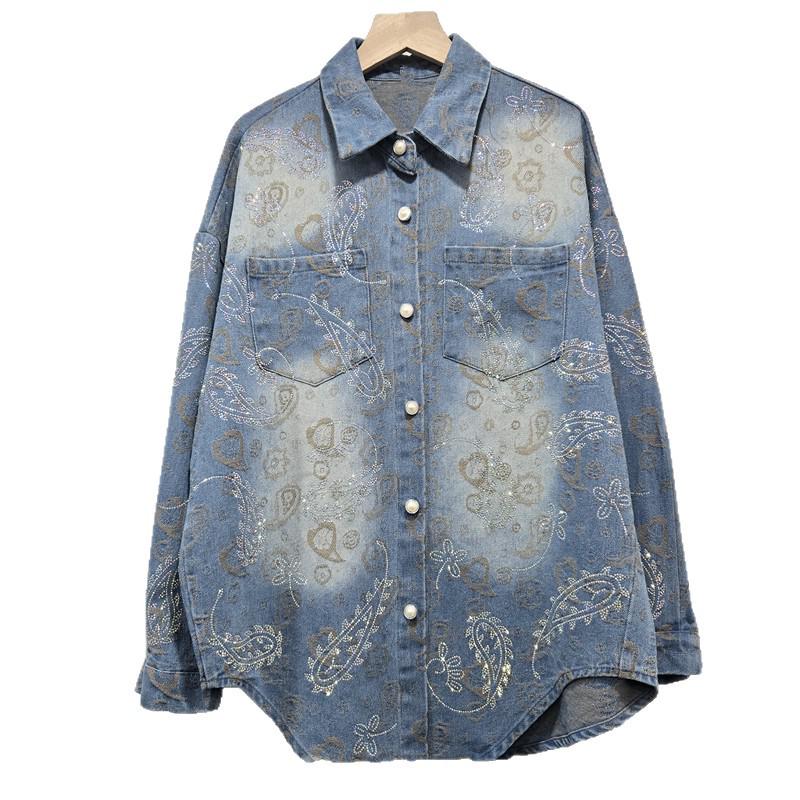 2026 European Spring Jacquard Rhinestone Denim Shirt - Casual Korean Style