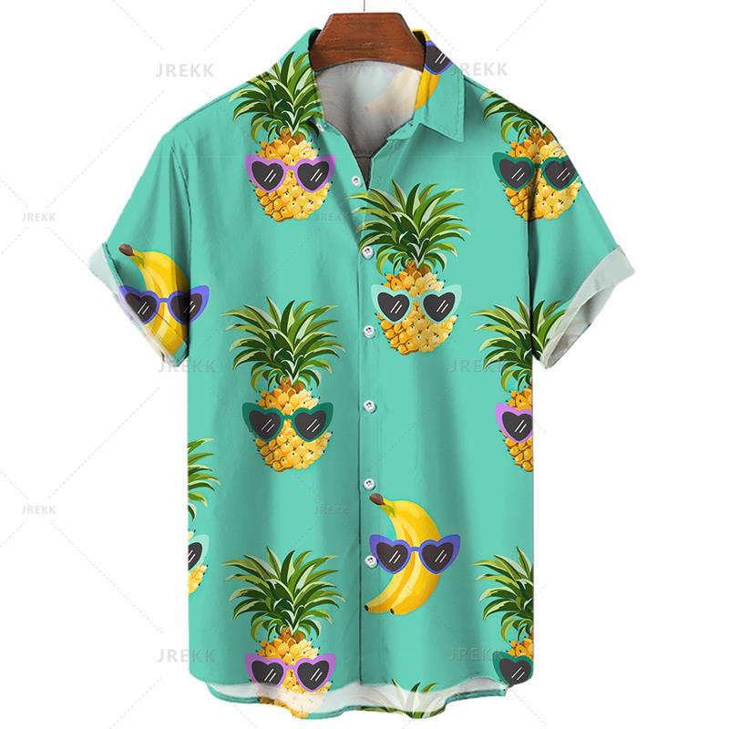 3D Tištěná Havajská Pánská Košile Tropické Ovoce Ananas Dámská Košile s Krátkým Rukávem Volný Pohodlný Top Dovolená Plážové Oblečení Topy