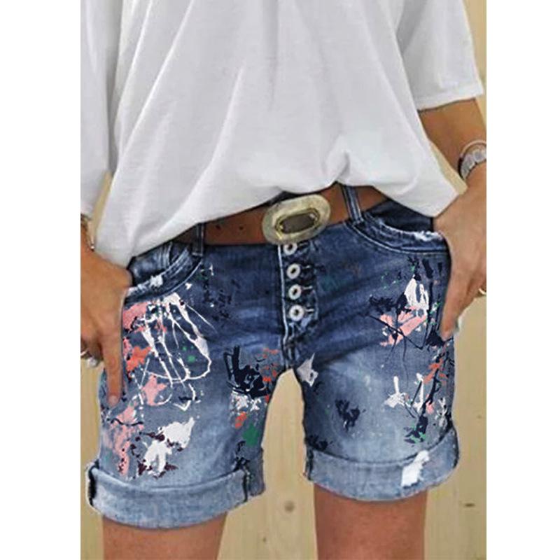 Cross-Border Women's Denim Shorts: Buttoned, Slim Fit, Half-Body Print, Casual, Elastic, Versatile Hot Pants