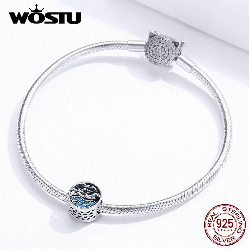 WOSTU Seagulls Charm 925 Sterling Silver Blue Zircon Round Beads Pendant Fit Bracelet Or Necklace