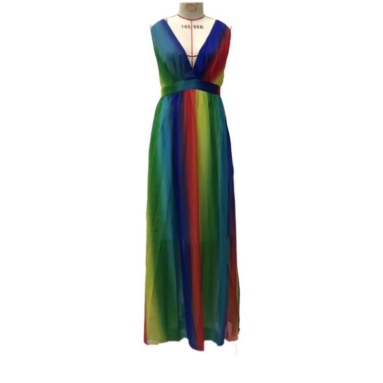 Deep V Halter Summer Casual Long Rainbow Dress Women
