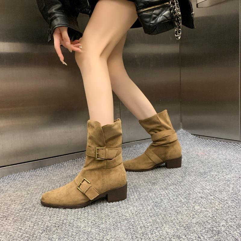 

Belt Buckle Mid tube Boots Autumn New Cow Suede Sleeve Soft Sole Non slip Wear resistant Single Shoes Comfortable Soft Sole Non slip Design Fashion St 36