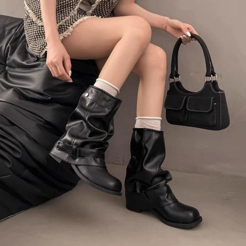 Fashion New Style Round Toe Belt Buckle Women Boots Fashion Flat Sole Mid Calf Autumn Niche Design Patent Leather Soid Women Shoes