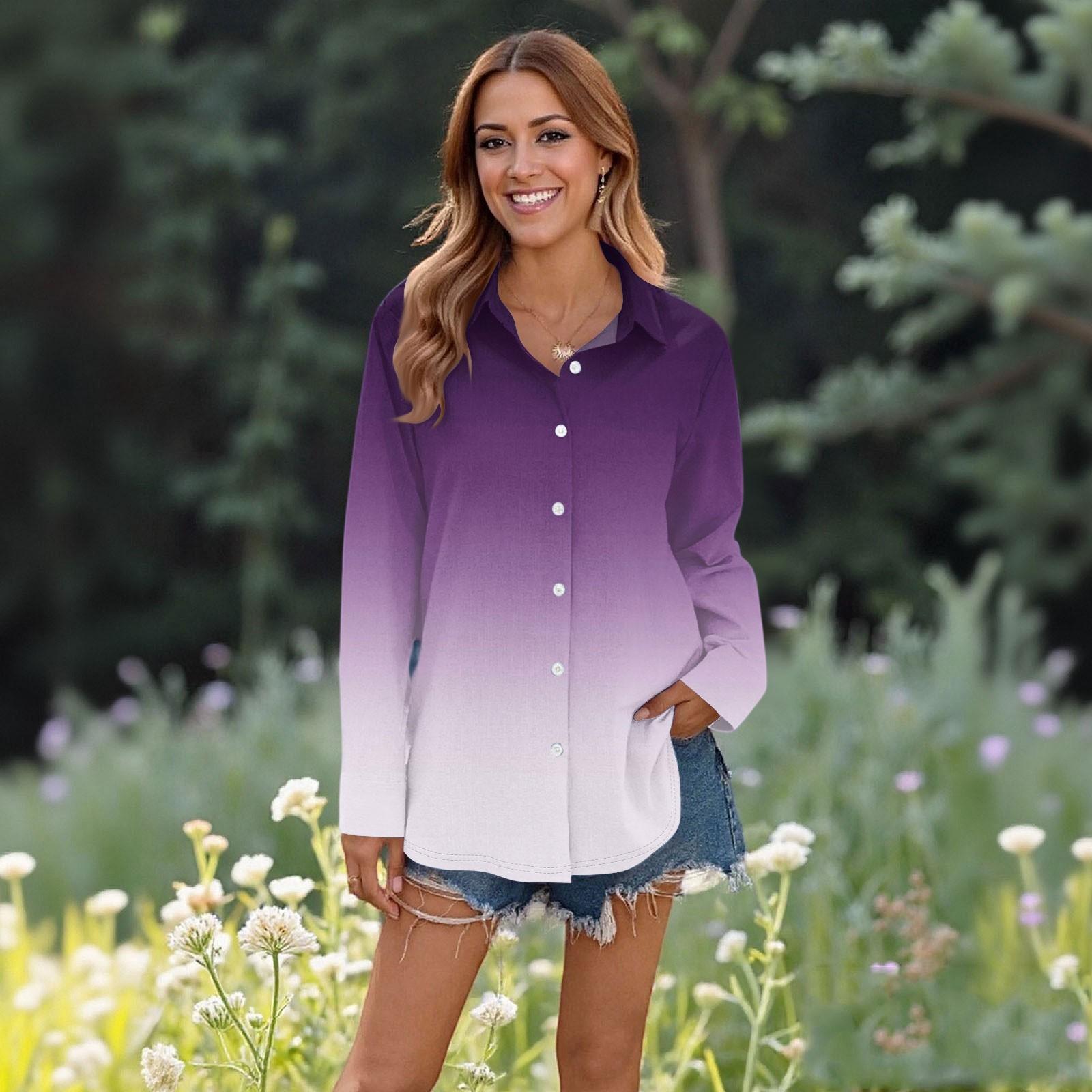 

Женские повседневные модные топы с длинным рукавом и пуговицами, свободная рубашка L фиолетовый