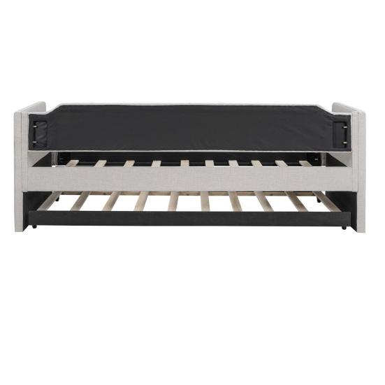 90x200cm Folding Bed Cotton Linen Fabric Day Bed with Pull-out Bed Headboard Strong Wood Slat Support Bed Home Furniture,