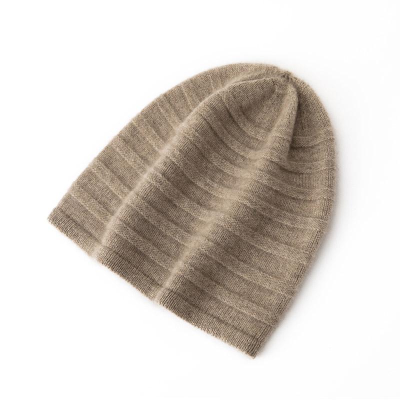 

Women 100% Pure Cashmere Beanie Hat Striped Knit Slouchy Style Winter Warm Soft Skullies Cap Cold Weather Accessory верблюд