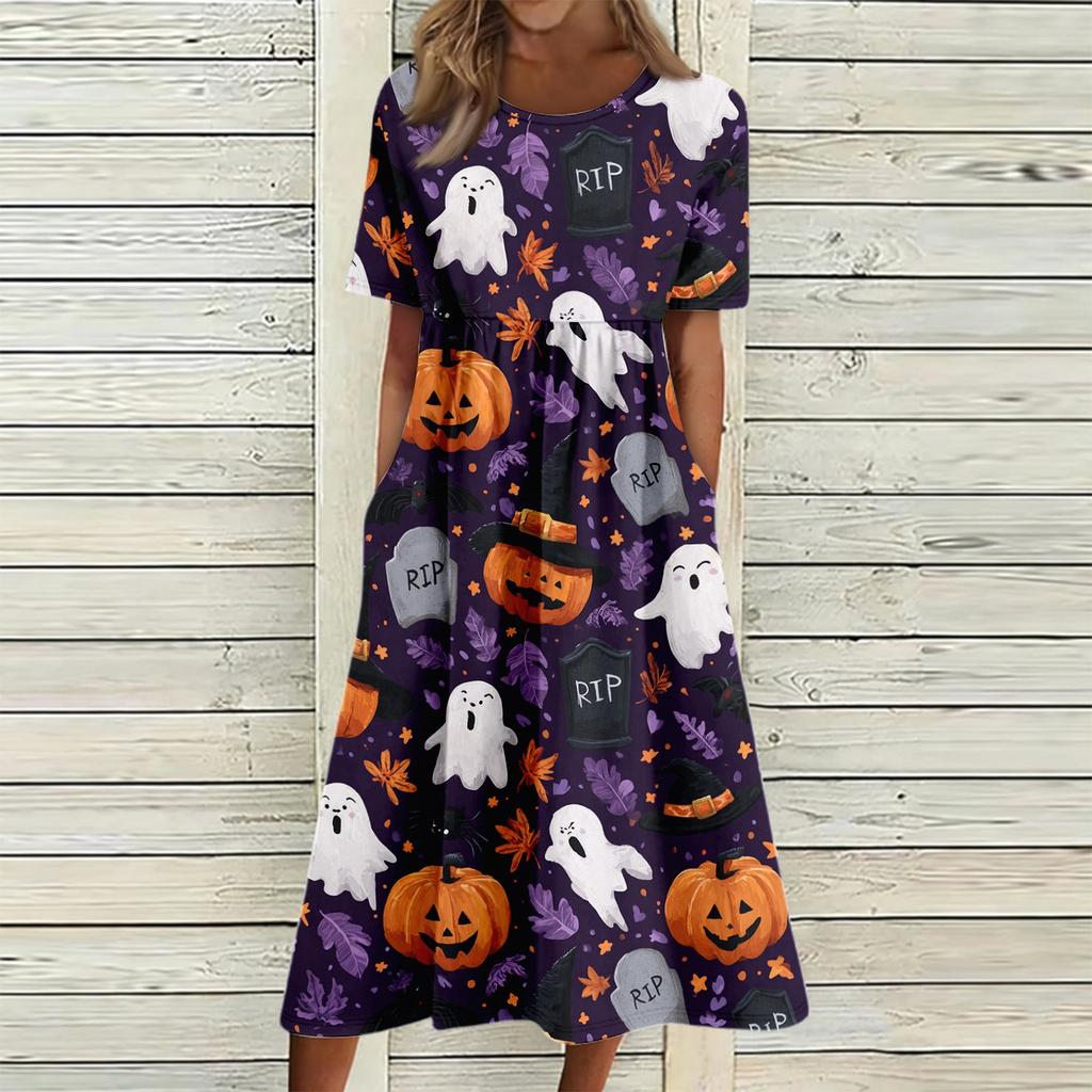 Women Casual Halloween Print Dress Short Sleeve Round Neck Pocket Midi Dress Loose Fit Comfortable Everyday Wear