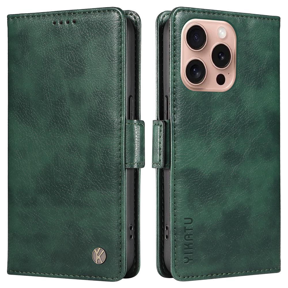 

YIKATU YK-007 For iPhone 16 Pro Case Litchi Texture Leather Wallet Phone Cover Side Magnetic Clasp Green