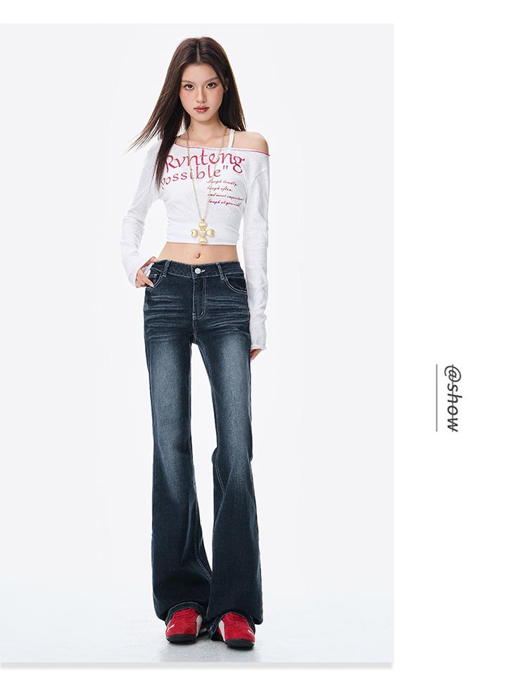 Blue-Gray Low-Waisted Slim Fit Flared Jeans for Women - Autumn Design