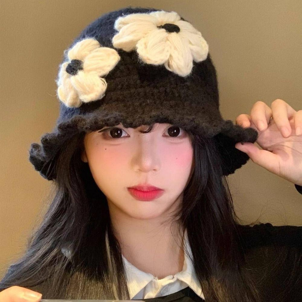 Handmade Crochet Flower Knitted Hat Hollow Out Bowknot Beanies Hat Casual Flower Weave Cap  Outdoor