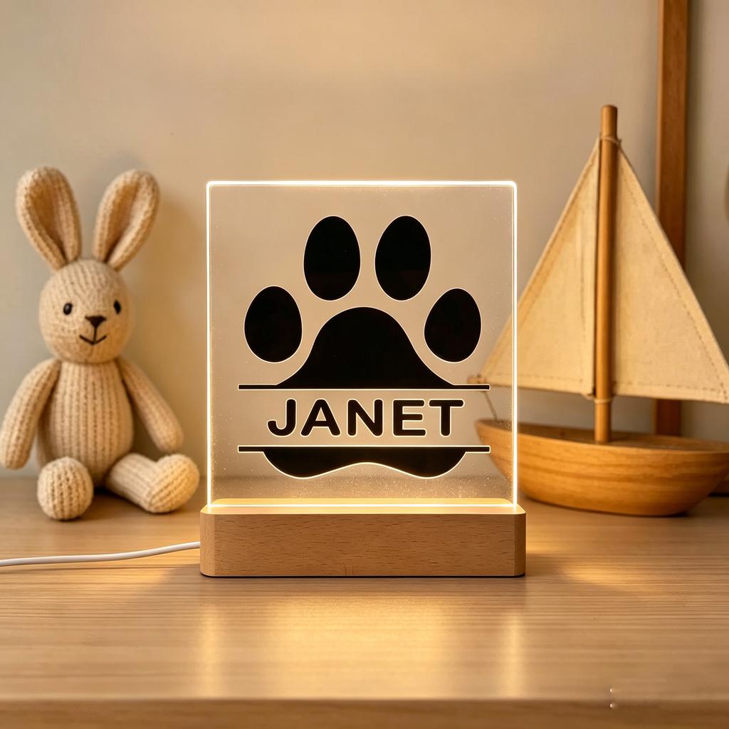 Personalized Dog Paw Acrylic Night Light Custom Pet Name Wooden Base Creative Tabletop Decor Lovely Present For Pet Owner