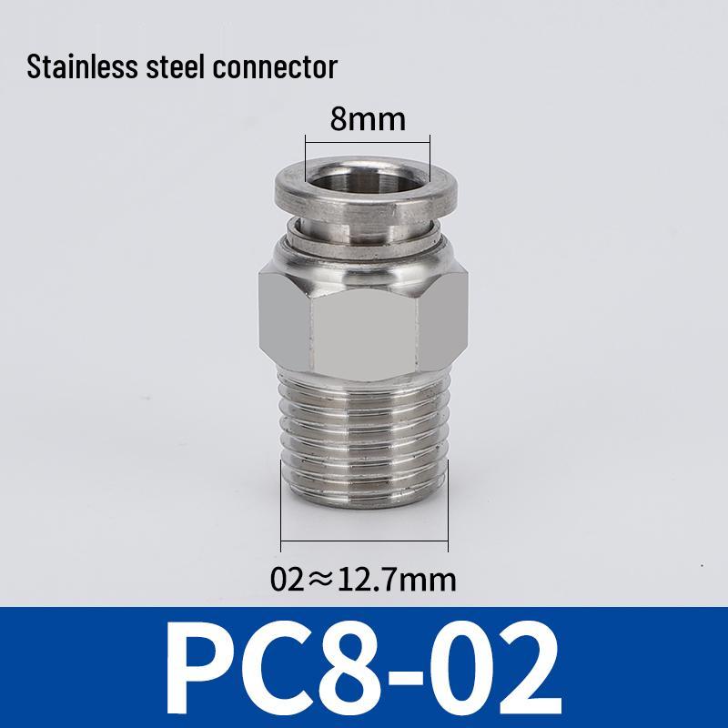 304 Stainless Steel Threaded Pneumatic Air Hose Quick Connect Fitting, PC/PL Options: 8-02, 4-M5, 6-01, 10-03.