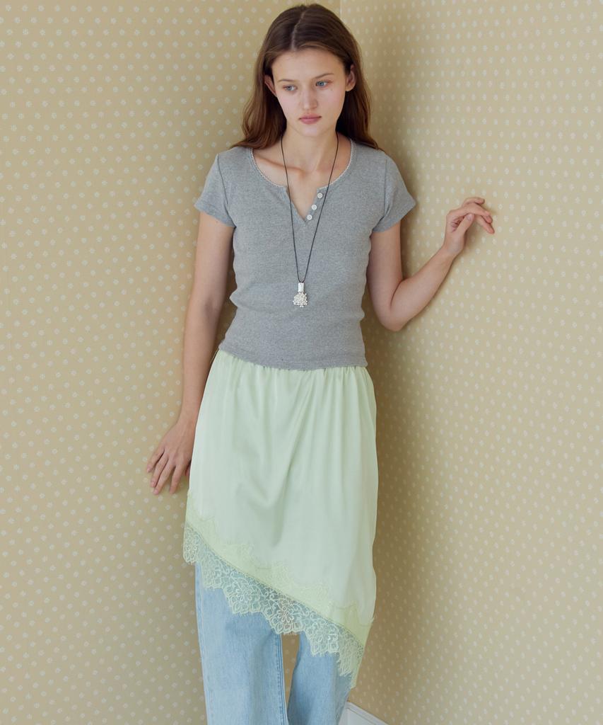 Minssio Satin Lace Layered Midi Skirt_Green