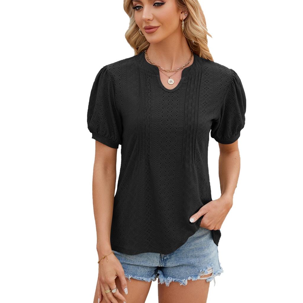 Spring Summer New Women's Solid Color V-neck Striped Loose Short Sleeve T-shirt for Cross-border E-commerce