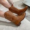 Neue Winter Vintage Braune Damenstiefel Cowboy Stiefel Damen Bestickt Eckige Zehe Braun Lange Stiefel Klobig Mid Calf Damenschuhe