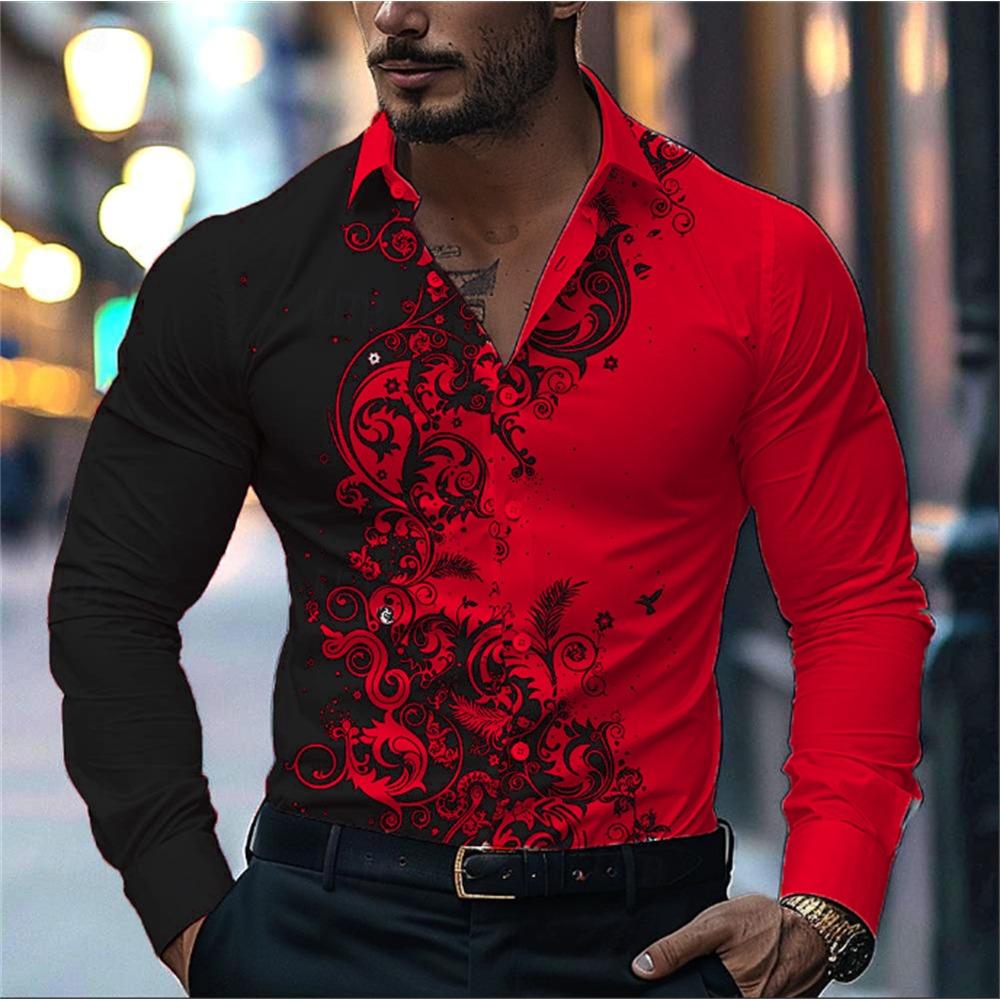 2024 New Men's Casual Street Print Pattern Shirt Fashion Casual Spring and Autumn Splicing Long Sleeved Lapel Shirt Tops
