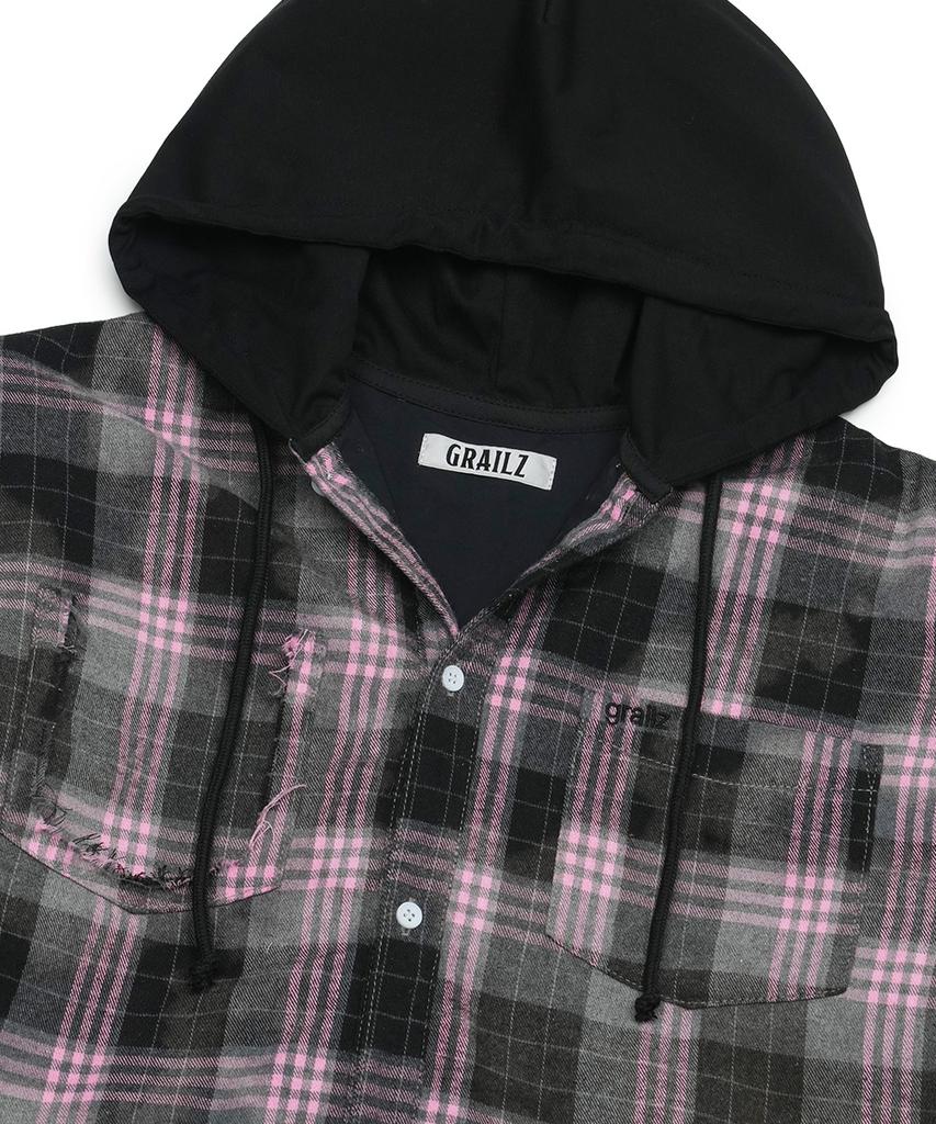 GRAILZ Bleached Plaid Hood Shirts [Black]