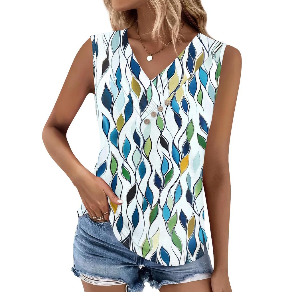 Women's Print Tank Top Button-down V-neck T-shirt Sleeveless Loose Fashion Top