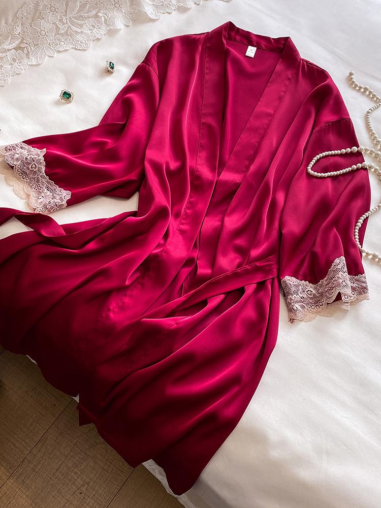 

2025 Women s Silk Bathrobe: Sexy Cardigan for Spring, Summer, and Autumn Large красный
