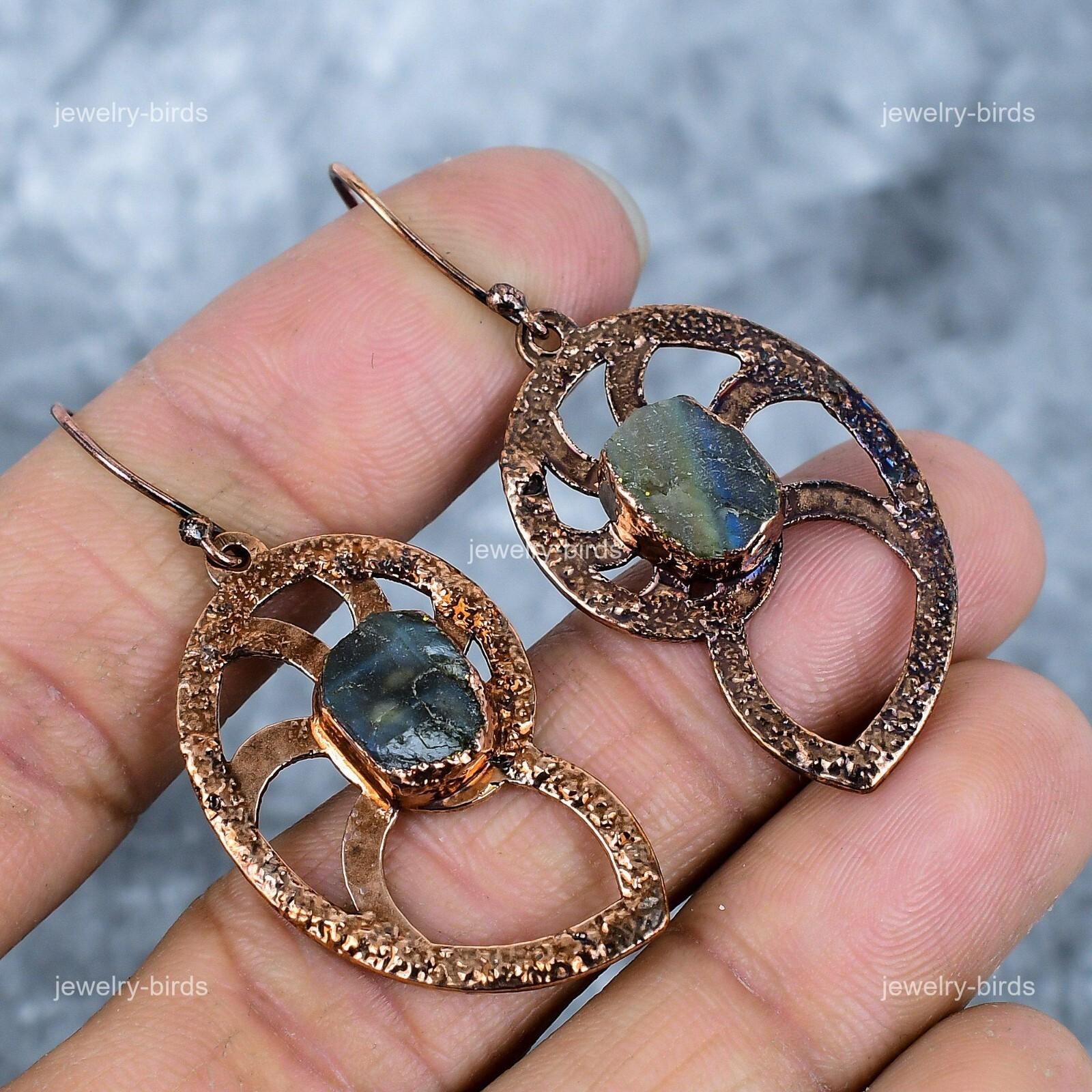 

Fancy Labradorite Stone Electroformed Handmade Dangle Drop Hook Earrings Copper VP-79