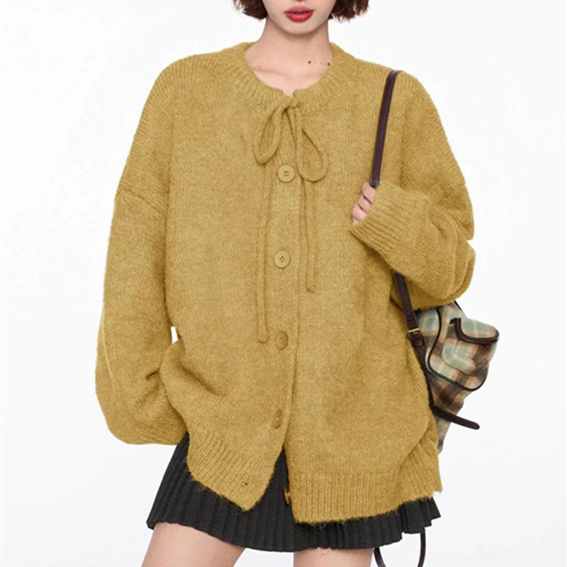 Retro bow sweater jacket women's autumn and winter loose lazy style new knitted cardigan top women