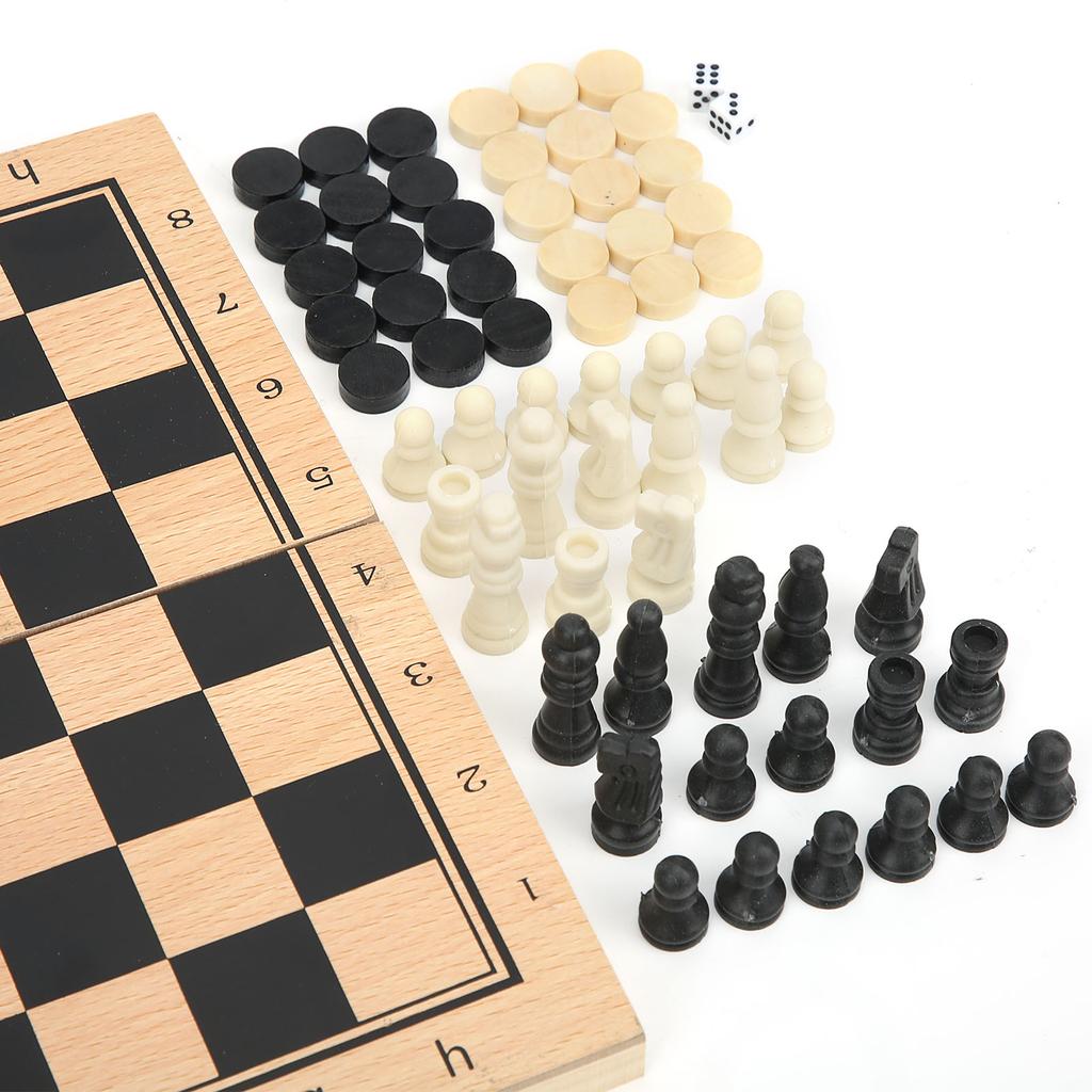 3‑In‑1 Wooden Chess Checkers Folding Portable Interactive Chess Board Toy