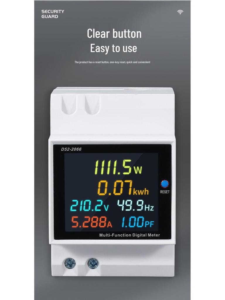 D52-2066 Single-Phase Smart Kilowatt-Hour Meter, DIN Rail Multifunctional Electric Meter with LCD Display, 220V