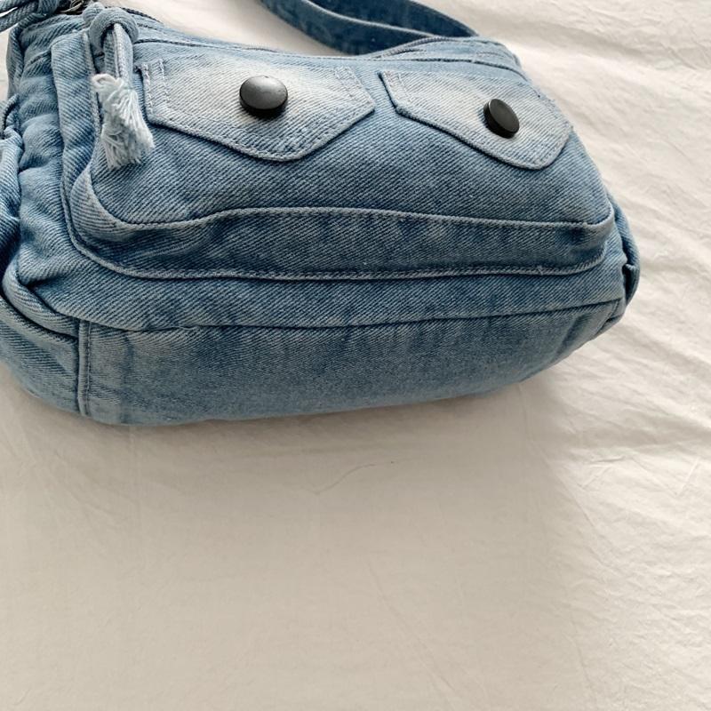 Washed Denim Crossbody Bag with Dual Flap Front Pockets Casual Shoulder Purse for Women Daily Travel