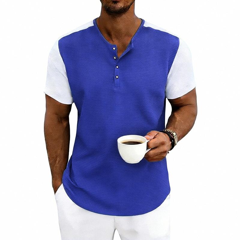 Mens Loose Short Sleeve Waffle Henley T Shirt Summer Casual Top
