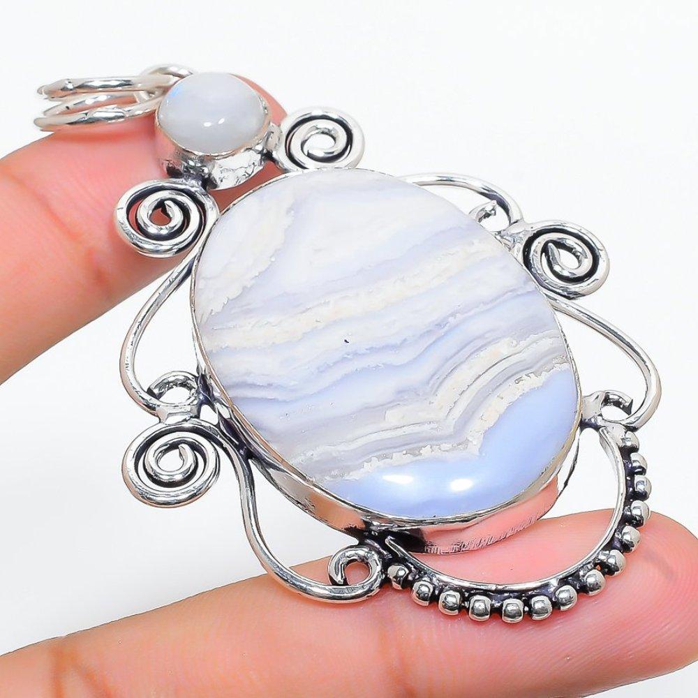 Natürlicher blauer Spitzenachat, Mondstein 925 Sterling Silber Anhänger 3,15" E1E76