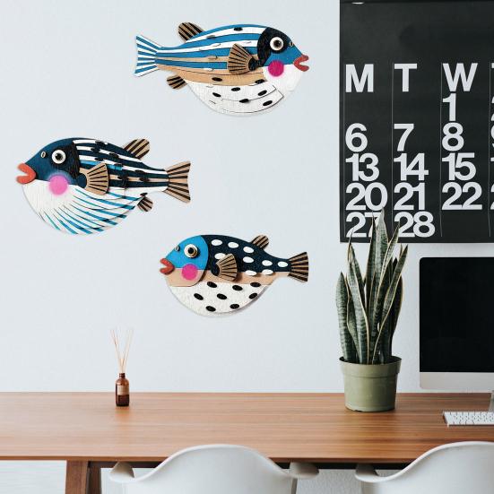 Yousheng 3Pcs/Set Puffer Wall Decoration Cute Decorative Wooden Globefish Rustic Cartoon Puffer Fish Wall Art Ornament for Living Room Bedroom Dining