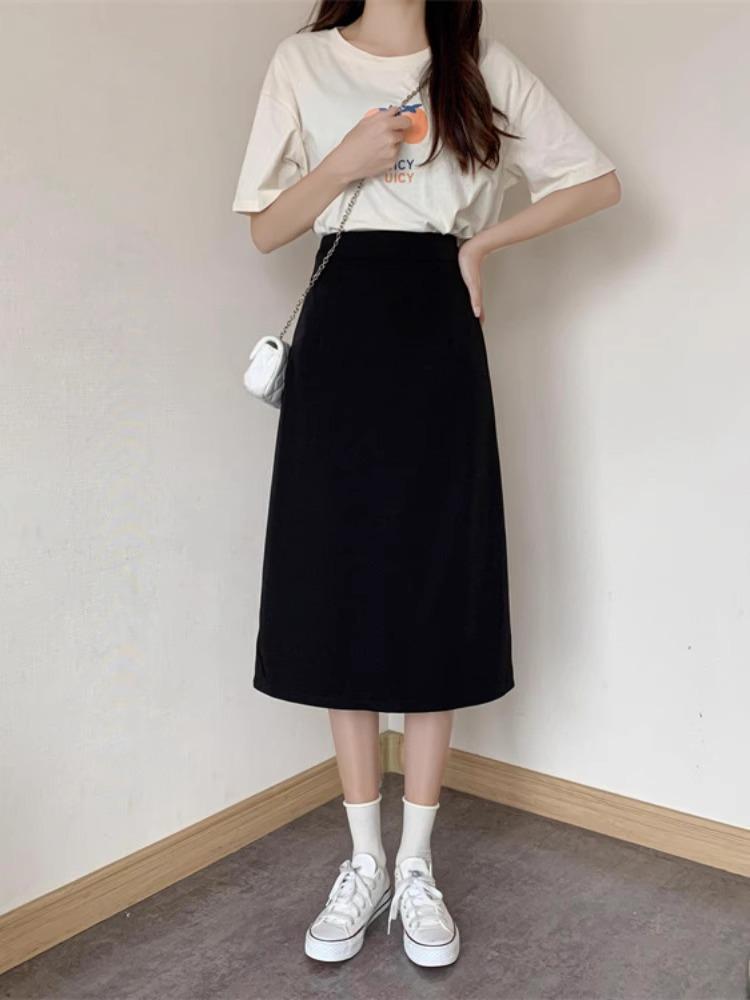 

Women s High Waist Back Slit A-Line Midi Skirt - Korean Fashion XL чёрный