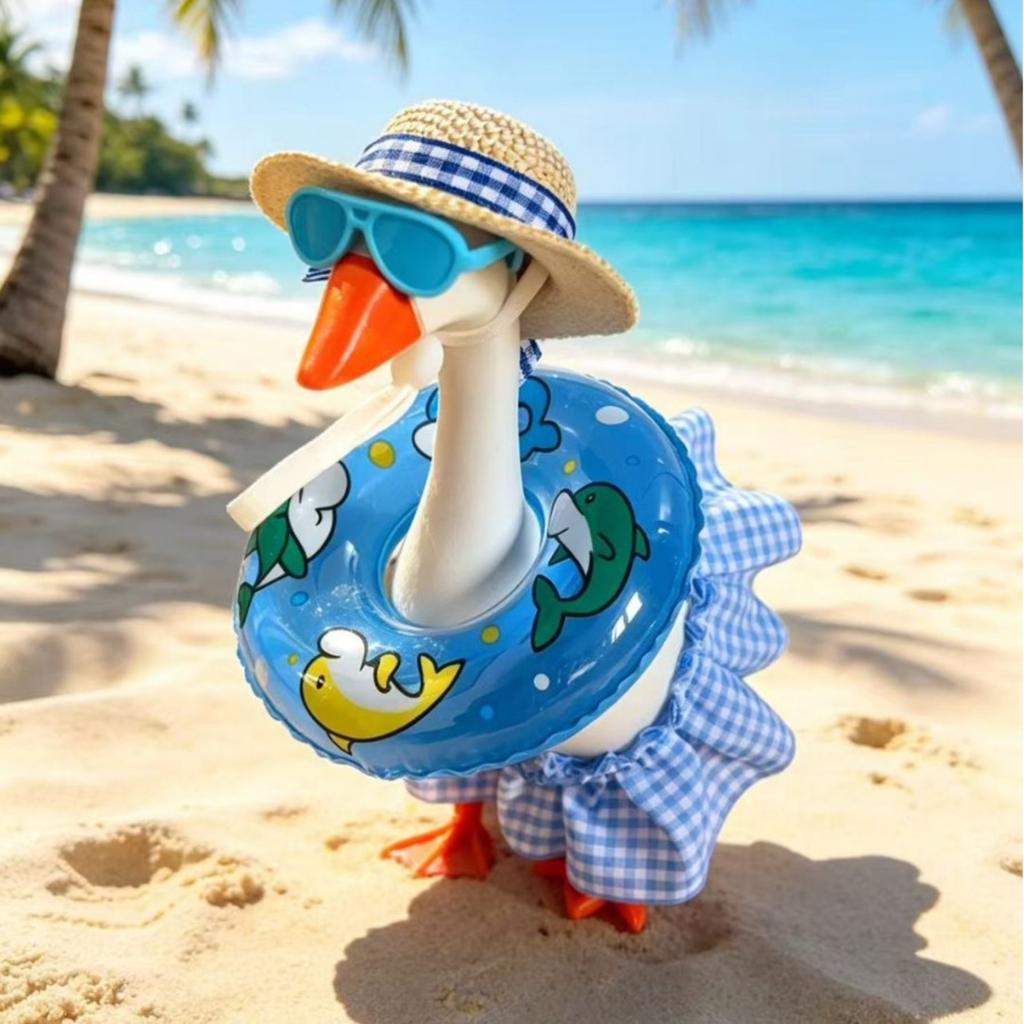 7 Inch Summer Goose Figurine Beach Vacation Style Straw Hat Sunglasses Swim Ring Skirt Set Decorative Outdoor Indoor Ornament