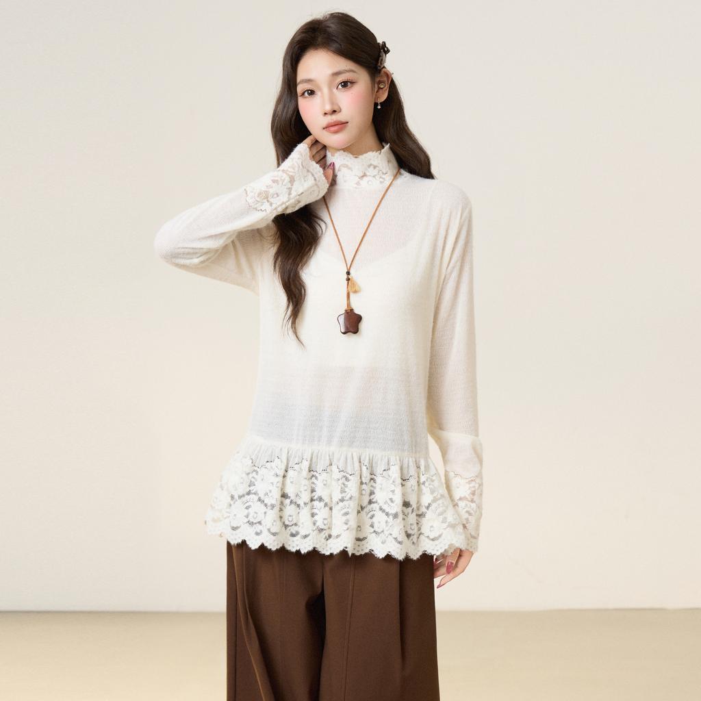 Xiaoxiangfeng Lace Fungus Edge Semi-turtleneck Knitted Sweater Women's Autumn and Winter Long-sleeved T-shirt with Bottoming Shirt Top