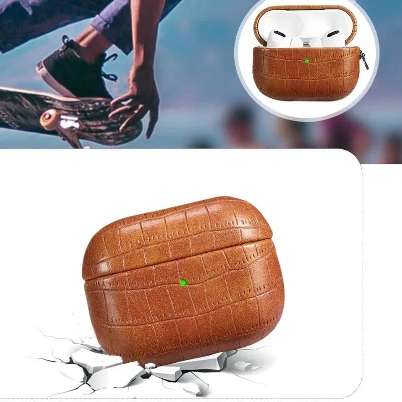 High-end Business Crocodile Premium Leather Earphone Case With Keychain For Apple AirPods 4 3 2/1 Pro 2 Drop-Proof Headset Cover