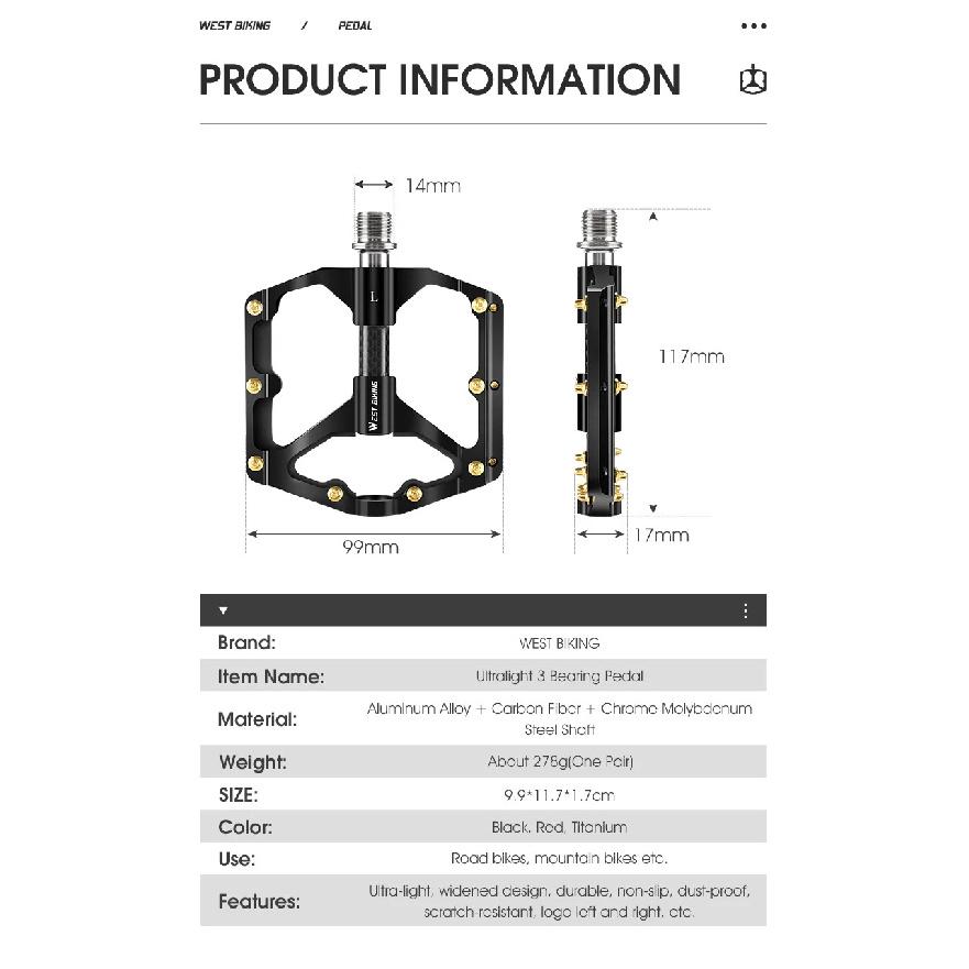 WEST BIKING Bicycle Pedal Three Bearing MTB Road Bicycle Pedal Aluminum Alloy Anti Slip Universal Bicycle Accessories