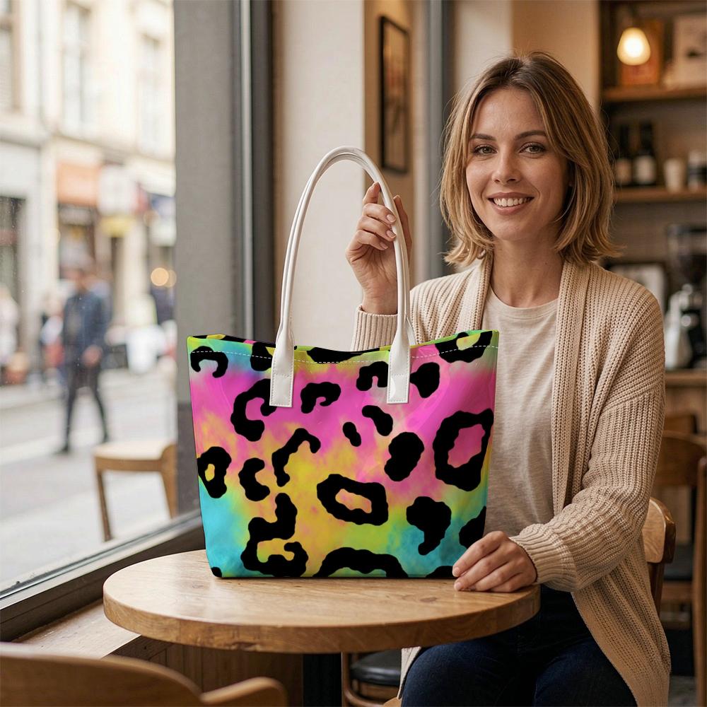 Colorful Leopard Print Tote Bag Casual Fashion Portable Large Capacity Daily Use Shoulder Bag