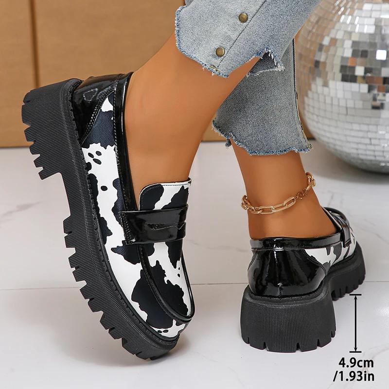 Cow Print Zebra Print Chunky Platform Pumps Women 2025 Autumn Pu Leather Thick Sole Loafers Woman Plus Size Uniform Lolita Shoes